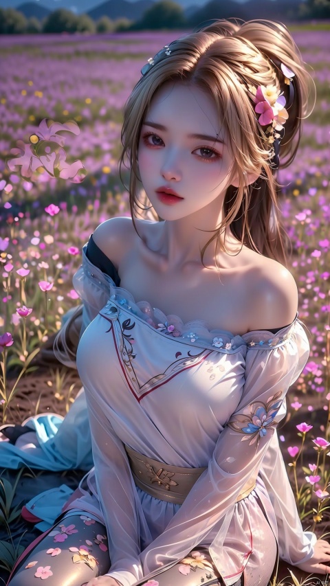  1 Girl Waist Dress, Blonde Hair, Fingerless Gloves, Solo, Blue Eyes, High Ponytail, Long Hair, Bag, Lips, Looking at the Audience, Off-the-Shoulder, Baseball Cap, Hair Through Headwear, Yoga Pants, Shirt, Mature Woman, Sitting, (Flower Field Background: 1.3), (\xing he\)