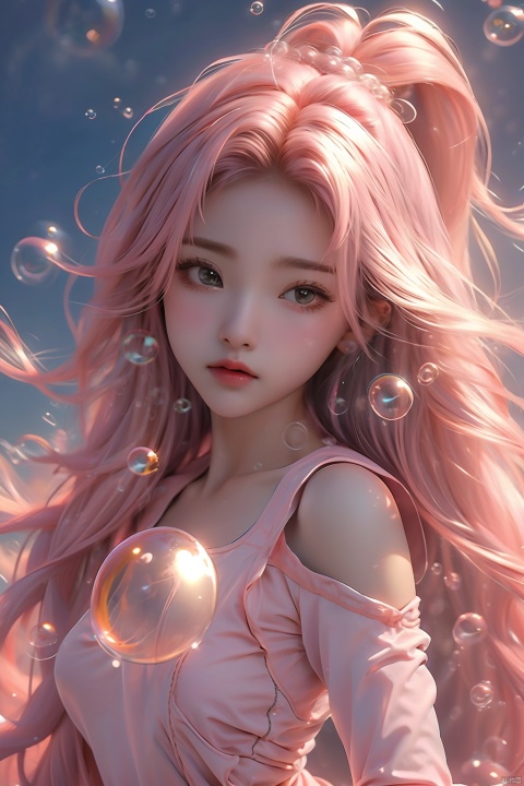  (bubble:1.5),1 girl, pink long hair, wind blown hair, close-up, Tight yoga clothing, Half-body