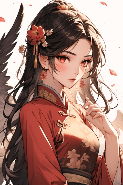 1girl, solo, hair ornament, jewelry, earrings, petals, flower, upper body, long hair, chinese clothes, long sleeves, , (\shen ming shao nv\),wings