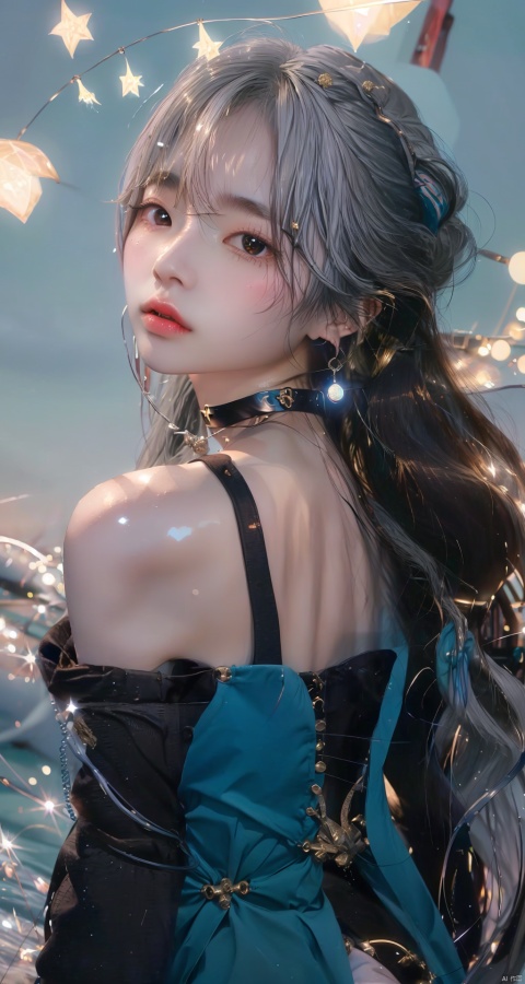  Colorful background, 1girl, long hair, solo, jewelry, looking at viewer, earrings, upper body, red choker, bangs, choker, bare shoulders, closed mouth, hair intakes, dress, wavy hair, sleeveless, necklace, grey hair, white hair, head tilt, msaibo, evil, mjiaocha, looking back, , official,greeneyes, (\xing he\)