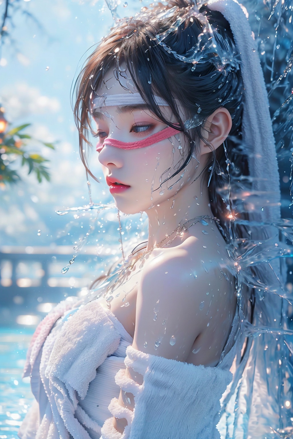 (ice:1.5),glowing, 1girl bathing in the pool,blue-pink smoke, shoulders exposed to the water surface (wrapped in a towel: 1.5),Forehead gemstone, (with a large amount of water vapor on the surface: 1.5), (hot spring), lantern, night,girl, bust, long white hair, flowing long hair,((blindfold, blindfold)),rosy lips, fair skin, off-the-shoulder, collarbone, necklace,silver jewelry, backlight, subway, 1girl,high_heels, see-through control, (\shuang hua\)