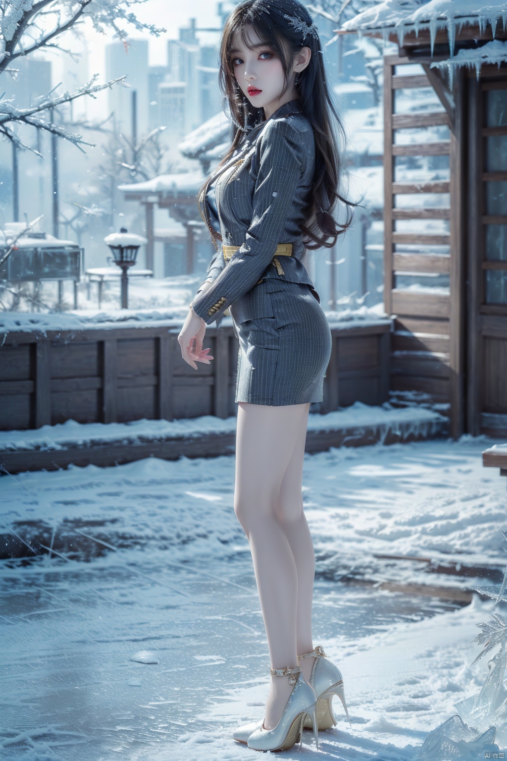 (ice:1.5), Best quality, masterpiece, photorealistic, 32K uhd, official Art,
1girl, dofas, solo,upper body, snowing, blurry, 1girl,pencil_skirt,yellow_footwear,high_heels,pinstripe_suit, (\shuang hua\)