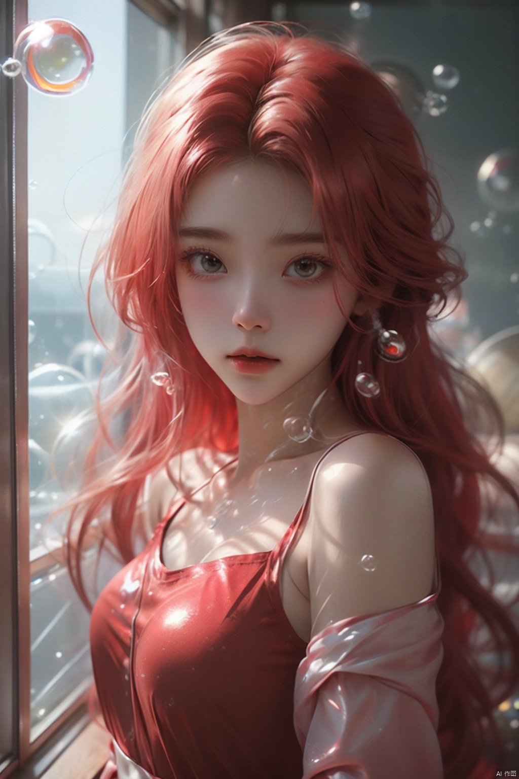  (bubble:1.5),1girl,full_body,highly realistic,glassy translucence,blink-and-you-miss-it detail,Sci-fi light effects,OVERHEAD SPOTLIGHT BEAM,trousers,National wind current,jewelry,bar,glass bottle,(((red top))), (\meng ze\), Light master
