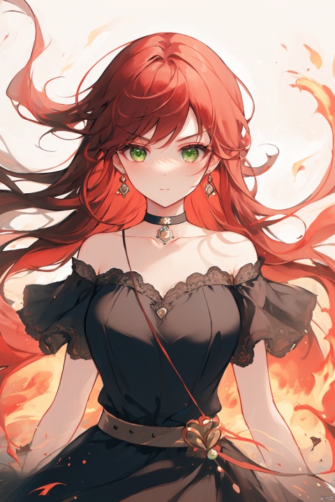  1girl, solo, long hair, dress, fire, red hair, black dress, jewelry, looking at viewer, green eyes, earrings, off-shoulder dress, choker, belt, off shoulder, floating hair, closed mouth, breasts, bare shoulders, bangs, v-shaped eyebrows, collarbone