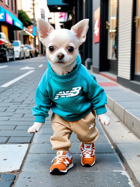 a tiny white dog wearing a new balance sweatshirt, wearing pants and wearing new balance shoes, standing like a human, walking in a street, there is a new balance pop-up store in the street, in the style of dark aquamarine and beige, hallyu, meticulous design, dynamic balance, bold color, barbiecore, lit kid surrealism,Fashion photo