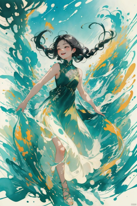 llustration style,dream ,A Sunshine Laughs girl with black hair and black eyes,rainbow Long dress ,Black Braid Fried Dough Twists Braid,8k, clear details, rich picture, nature background, flat color, vector illustration, watercolor, Chinese style, cute girl, Laughs Girl, TT, lvshui-green dress