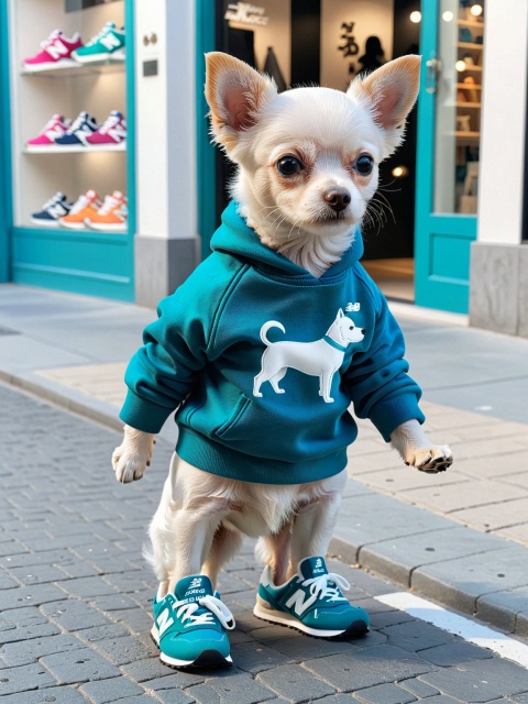 a tiny white dog wearing a new balance sweatshirt, wearing pants and wearing new balance shoes, standing like a human, walking in a street, there is a new balance pop-up store in the street, in the style of dark aquamarine and beige, hallyu, meticulous design, dynamic balance, bold color, barbiecore, lit kid surrealism,Fashion photo