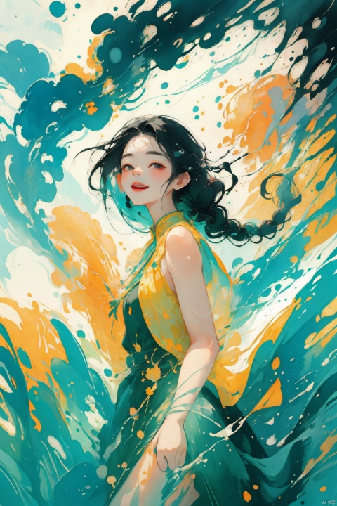 llustration style,dream ,A Sunshine Laughs girl with black hair and black eyes,rainbow Long dress ,Black Braid Fried Dough Twists Braid,8k, clear details, rich picture, nature background, flat color, vector illustration, watercolor, Chinese style, cute girl, Laughs Girl, TT, lvshui-green dress
