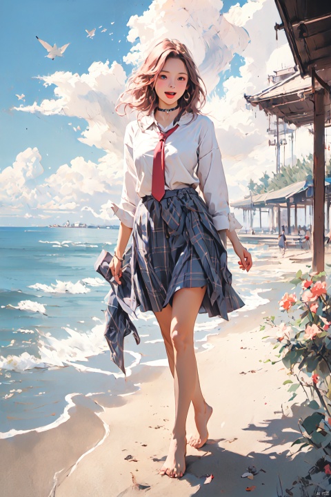  1girl, solo, long hair, smile, open mouth, skirt, blonde hair, shirt, jewelry, school uniform, full body, white shirt, pink hair, outdoors, necktie, sky, barefoot, choker, day, collared shirt, water, blue skirt, plaid, cosplay, ocean, plaid skirt, beach, sleeves rolled up, blue necktie, sand, kitagawa marin