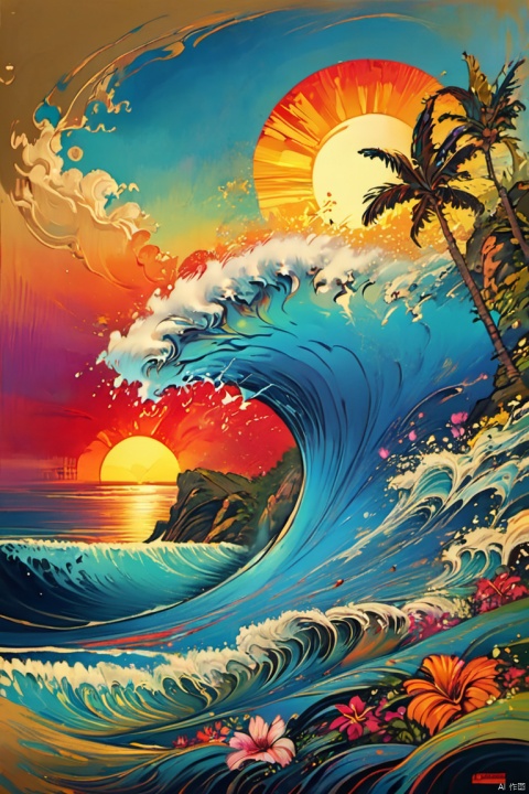 sunset on the beach town,huge blue waves,by Justin Gerard,psychedelic art,full of deep red colors and rich detail,vibrant and rich colors,waves,tropical undertones,james edmiston,Flowery cabin,