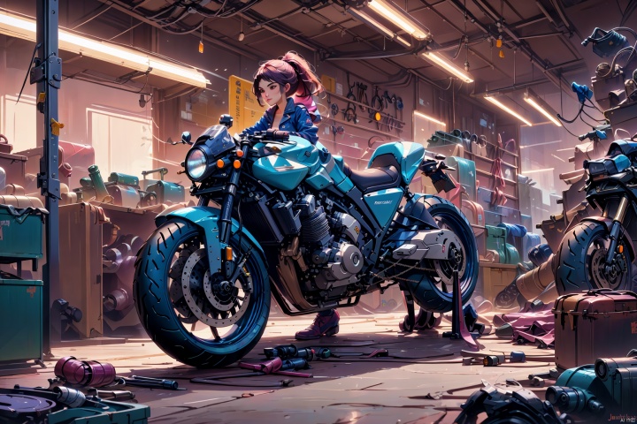  A sexy girl in tight jeans and a leather jacket, professionally fixing a motorcycle in a greasy garage filled with tools and mechanical parts. Her hair tied in a ponytail, holding a wrench, surrounded by various spare parts and toolboxes, showcasing her passion for bike repair, sharp focus, high-quality image, photorealistic, detailed background, dynamic scene, vibrant colors, edgy aesthetic, modern workshop ambiance, intricate machinery details, by Greg Rutkowski, trending on ArtStation, CGSociety, heart professional majestic oil painting by Ed Blinkey, Atey Ghailan, Studio Ghibli, by Jeremy Mann, Greg Manchess, Antonio Moro.