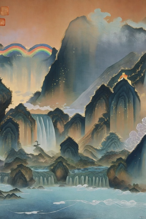 Chinese ink painting,lushan mountain,waterfall,sea of clouds,clear with a rainbow,lenticular,Masculine colors,Dark blue, gray, and black colors,Cowboy shot,by Wu Guanzhon,,dark fairy tale,,fflix_shards,,John Albert Bauer Style,by Alphonse Mucha,
,FantacyWorld,,traditional media