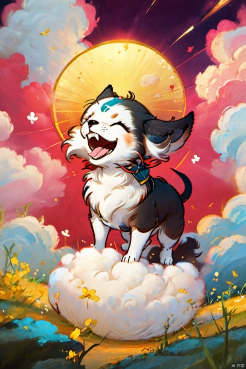  xugou,dog,fluffy,light particles,^ ^,whiskers,cute,warm colors,whimsy and dramatic lighting,white fur,soft lighting,dog focus,no humans,blush,closed eyes,cloud,tongue out,tongue,solo,outdoors,sky,open mouth,fangs,smile,full body,red theme,cloudy sky,teeth,pink theme,,