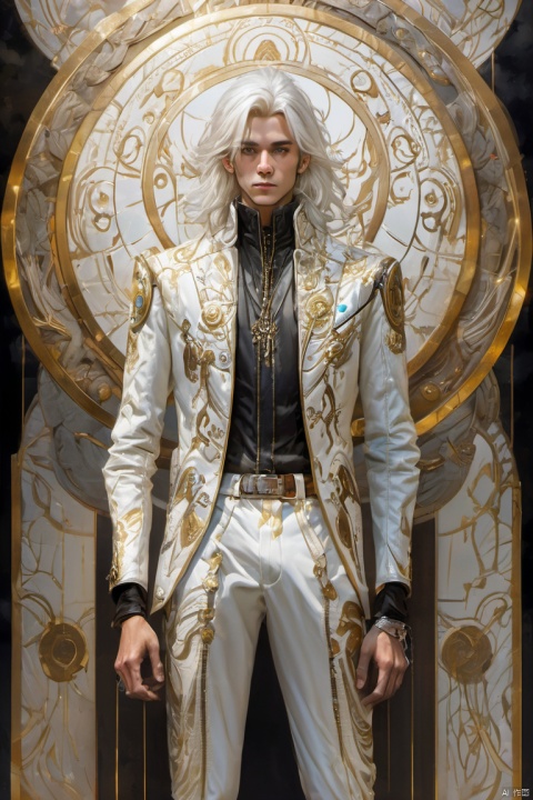  standing,((full body)),((full view)),Golden ratio figure, tall,a young individual with a striking appearance. They have silver-white hair styled in a tousled manner, and their eyes are intense, gazing directly at the viewer. The person is wearing a white, futuristic-looking jacket with intricate patterns and designs,Futuristic Pants,The jacket has a circular emblem on the left side, which appears to be a stylized bird or creature. The background is dark, with a glowing circular design that emits a soft light, creating a contrast with the subject