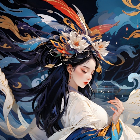  HTTP, 1girl, solo, long hair, closed eyes, chinese dress, hair ornament, hanfu, floating hair, waves, black hair, profile, upper body, makeup, from side, red lips, blue-purple theme, myuejin, cutegui