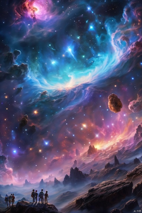 Describing an ethereal realm with visual impact in the universe, a group of explorers are captivated by the boundless space and the twinkling galaxies and nebulae against a dark background,QMSJ,candy-coated