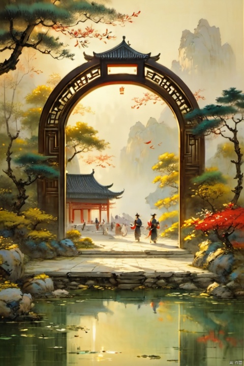 yueliangmen,there is a mirror in the middle of a path in a garden, circular gate in a white wall, qiangshu, play of light, perfectly shaded, morning lighting, medium closeup, mystical setting, during the day, walking at the garden, chinese