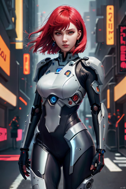 A red-haired female rider in cyberpunk style mecha gear, speeding up with the camera focusing on her determined eyes, blurred background enhancing the sense of speed and dynamic effect, a fusion of future technology and speed, sharp focus, high detail, photorealistic.