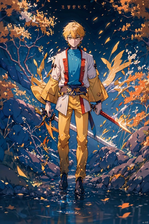  1boy,male focus, yellow hair,energy sword,glint,glowing sword,Unsheathed sword,solo, yellow Hanfu,Grasp the hilt with your hand,Brave and spirited,sword-dance,holding sword,looking at viewer,petals,solo,standing, glow