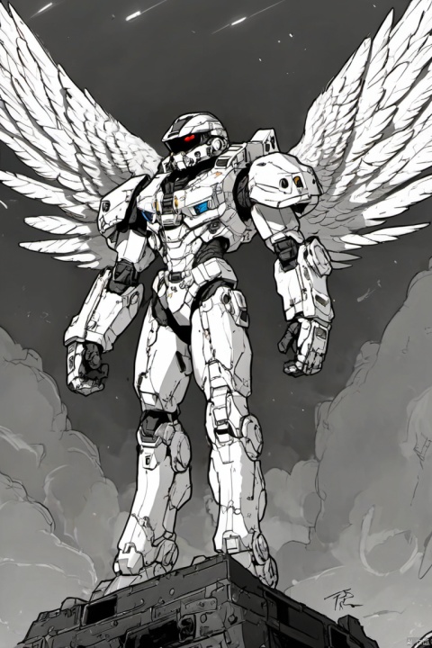 solo, standing, wings, black eyes, no humans, halo, traditional media, parody, white wings, retro artstyle, tr_comic_style, 23