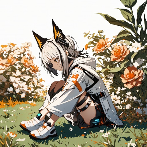 {{texas the omertosa (arknights)}}1girl,white background,White,sitting, grass, from side,head down,sad,solo,