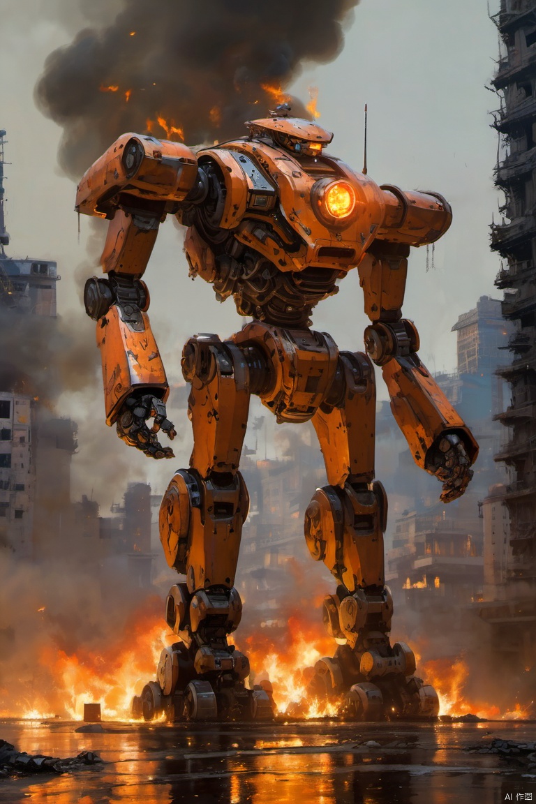  
Under the dark night sky, a giant robot stood tall. Its massive body, like a mountain, gives a sense of unshakable existence. The robot's body is made of an unknown material that looks hard and elastic, as if it were alive.
The robot's head is uniquely designed with a bright orange core at its center, which is its source of energy and where it thinks. Two orange eyes shone in the night, as if they could see everything. Its hair is thick orange lines, like tentacles extending from the core, giving it unique life and adding to its majesty.
The robot burns with orange flames, which are not for decoration, but to protect and repair the robot. Flames jumped and burned across the robot's body as if it were part of itself. This flame gives the robot life and power, making it more visible and powerful in the dark.
In the background is a scene of a ruined city. Tall buildings were burning, buildings collapsed, and smoke and dust filled the roads. The firelight lit up the sky, creating a cruel and spectacular scene with the flames on the robot. The whole city seems to be in a great disaster, and this robot is the only existence that can save the city.
Mech warrior,full body,magnificent,
render,technology, (best quality) (masterpiece), (highly detailed), game,4K,Official art, unit 8 k wallpaper, ultra detailed, beautiful and aesthetic, masterpiece, best quality, extremely detailed, dynamic angle, atmospheric,high detail,exquisite facial features,sciencefiction,CG,机甲, fire element