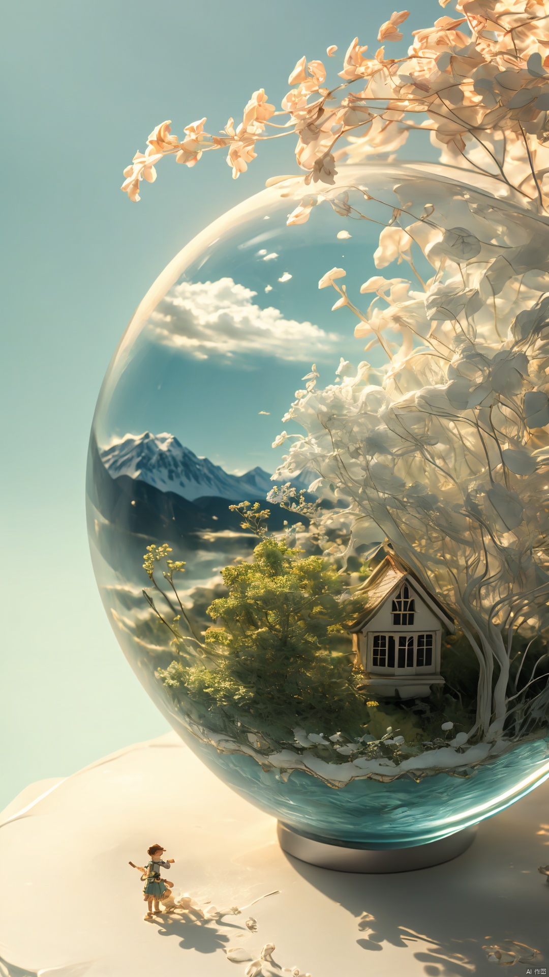  (best quality), (4k resolution), creative illustration of a miniature world on a white pedestal. The world is a green sphere with various natural and artificial elements. There is a river, trees, mountains, and a small house on the sphere. The image has a minimalist style with a light color palette that creates a contrast with the white background. The image gives a sense of wonder and curiosity about the tiny world and its inhabitants.,ff14bg,High detailed