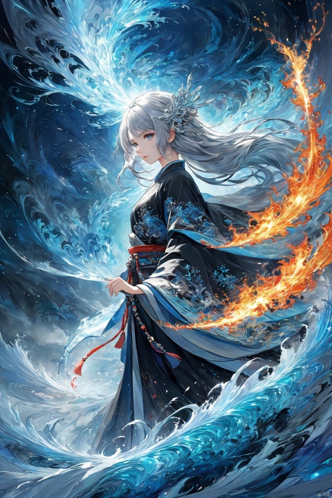  (masterpiece, top quality, best quality, official art, beautiful and aesthetic:1.2),(1girl:1.2),cute,extreme detailed,(abstract:1.4, fractal art:1.3),(silver_hair:1.1),fate \(series\),colorful,highest detailed,fire,ice,lightning,(splash_art:1.2),jewelry:1.4,hanfu,scenery,ink, hell
