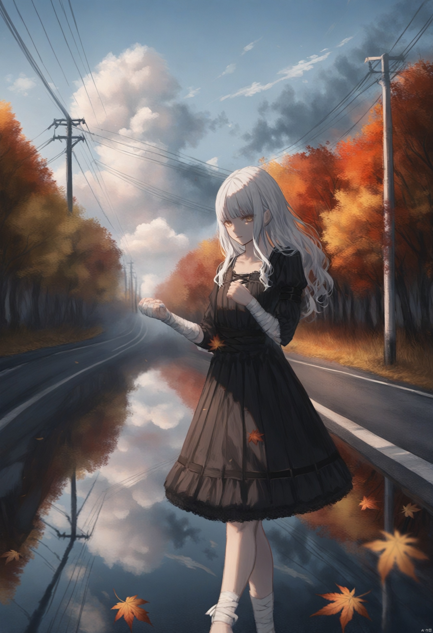  masterpiece, best quality ,1girl, solo, caren hortensia, long hair, yellow eyes, bandages, looking at viewer, dress, long sleeves, black dress, white hair, white background, bandaged arm, bangs, bandaged hand, ribbon ,outdoors, scenery, power lines, reflection, road, utility pole, sky, leaf, cloud, autumn leaves, day, tree, street, autumn, building, blurry, blue sky , 