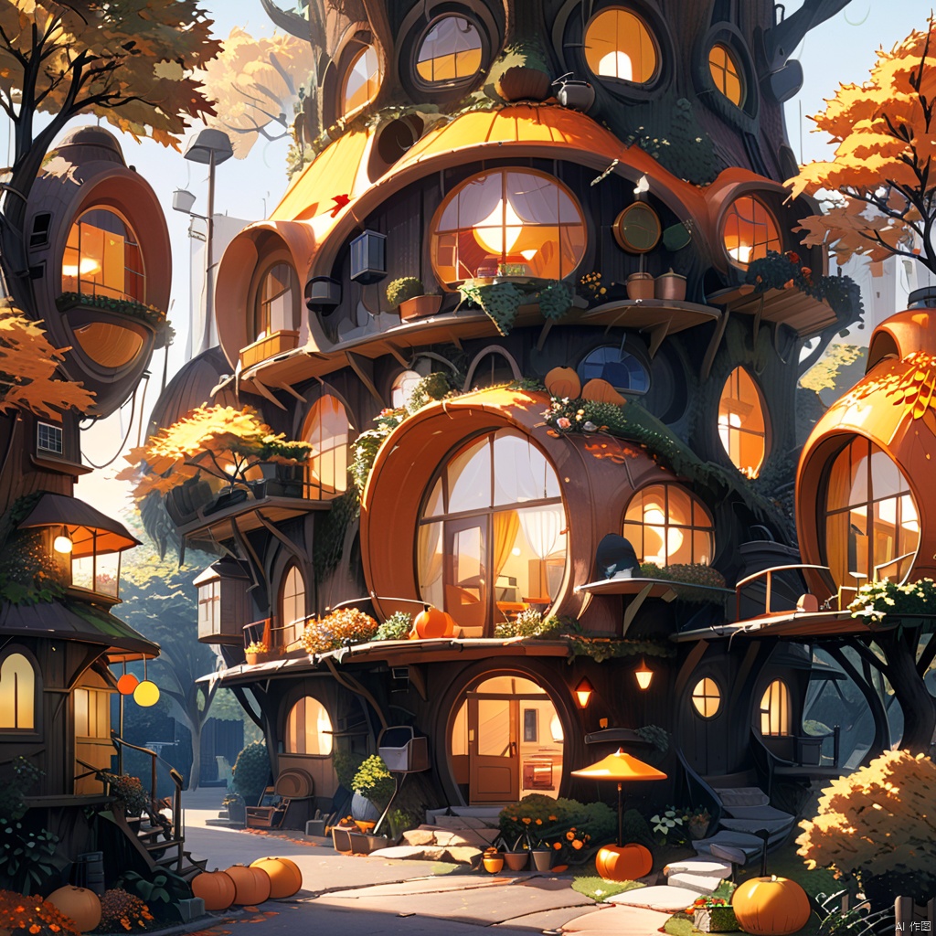  architecture,autumn,autumn leaves,building,campfire,cooking,door,fire,flame,flower,food,grass,ground vehicle,house,lamppost,lantern,leaf,maple leaf,nature,no humans,orange (fruit)),orange flower,outdoors,pavement,plant,potted plant,scenery,sign,tree,tree stump,window, shuwu, wmchahua