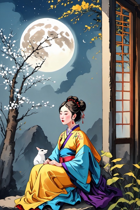 a chinese female ,30years old, sitting at steps of door, looking at moon in the sky, black eyes,wearing hanfu,gloom (expression) ,from below,detailed face,chinese ancient house background,petals and leaves on ground,cool tone,night, ethereal atmosphere, evocative hues, captivating coloration, dramatic lighting, enchanting aura, masterpiece, best quality, epic cinematic, soft nature lights, rim light, amazing, hyper detailed, ultra realistic, soft colors, photorealistic, Ray tracing, Cinematic Light, light source contrast,black and white ink painting , traditional chinese ink painting,willow branches,willow tree in background, ananmo