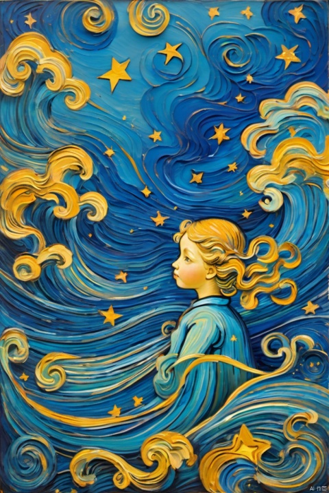 a painting on blue paper showing a Stars at the bottom of the sea,The little back of a girl, Vincent Willem van Gogh, flowing lines,colorful turbulence, the overall blue tone,swirls,high resolution