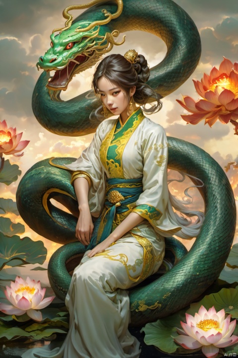  A girl, snake body, lotus, pond, fantasy, romance, mythology, Chinese dragon, clouds, smoke