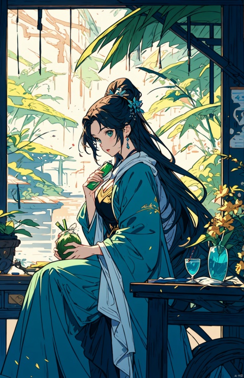 an woman drinking water from a green coconut with a straw is in the foreground. The surrounding decor contains green plants, a triforce symbol, Harry Potter references and circus flags, detailed matte painting, deep colors, fantastic and intricate details, splash screen, complementary colors, fantasy concept art, 8k resolution trending on Artstation Unreal Engine