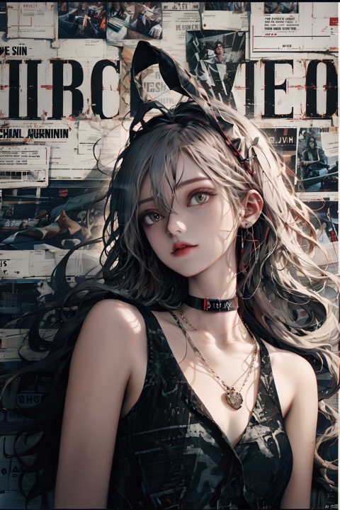  paper background, 1girl, long hair, solo, jewelry, looking at viewer, earrings, upper body, red choker, grey eyes, hair between eyes, bangs, choker, bare shoulders, closed mouth, hair intakes, dress, wavy hair, sleeveless, necklace, grey hair, white hair, letterboxed, looking back, head tilt, msaibo, evil
