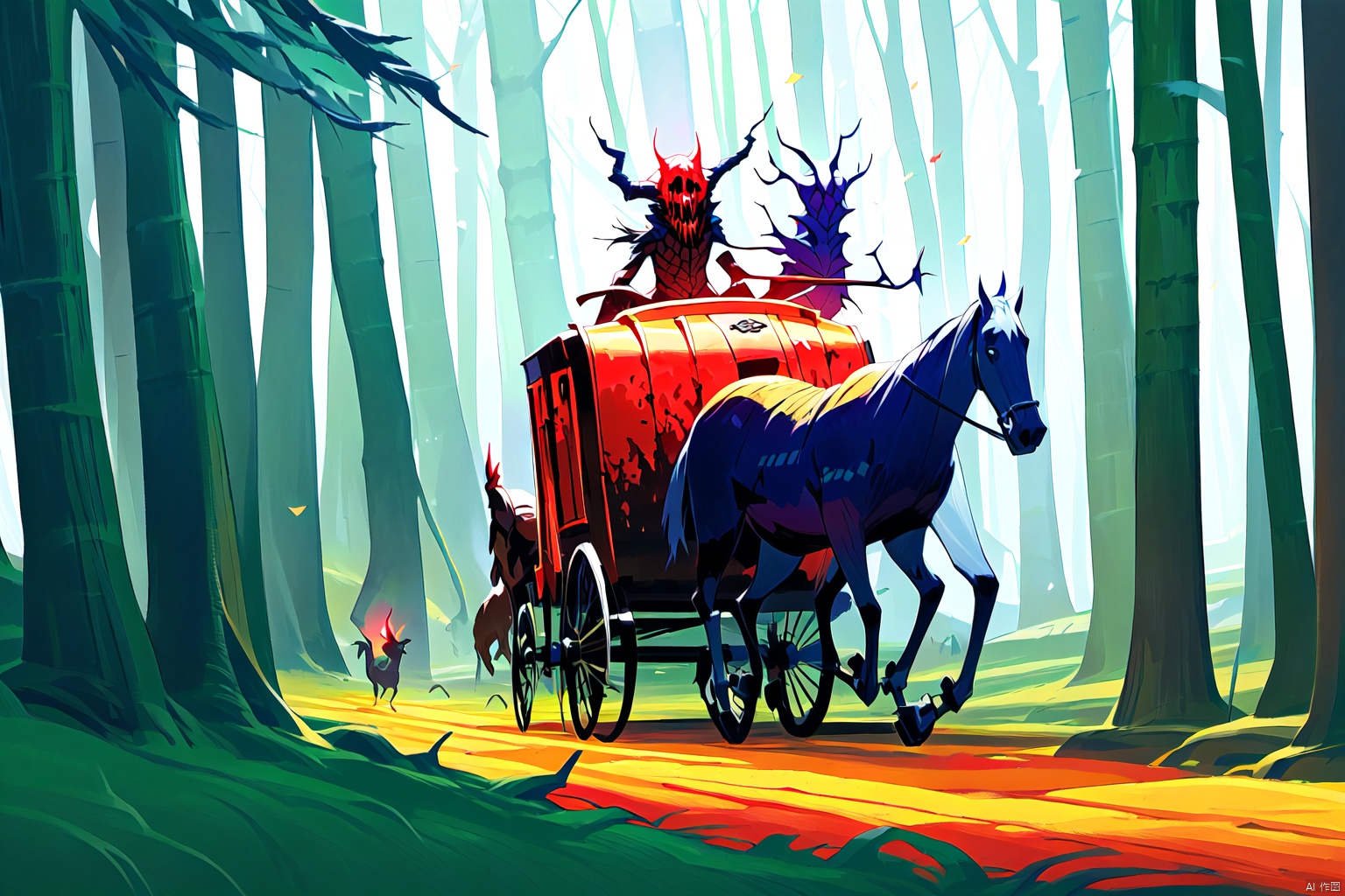(horror style), riding a horse carrying an (old and dirty carriage), a Horseman with invisible head, (faceless and collarless), along a sinister path in a horrifying forest, (Photorealistic), monster, more detail XL,horror,Realism,DisembodiedHead