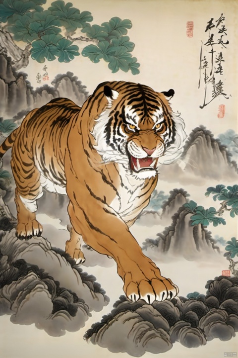 In a dense jungle, a brave man is locked in combat with a ferocious tiger. The man's eyes are resolute, his muscles defined by the tension of the struggle. One hand clutches a sharp dagger, while the other skillfully manages the distance from the tiger. The tiger's eyes gleam with a wild light, each lunge full of strength and speed. The surrounding trees and vines sway with their struggle, leaves and dust kicked up, the entire scene charged with tension and peril., traditional chinese ink painting