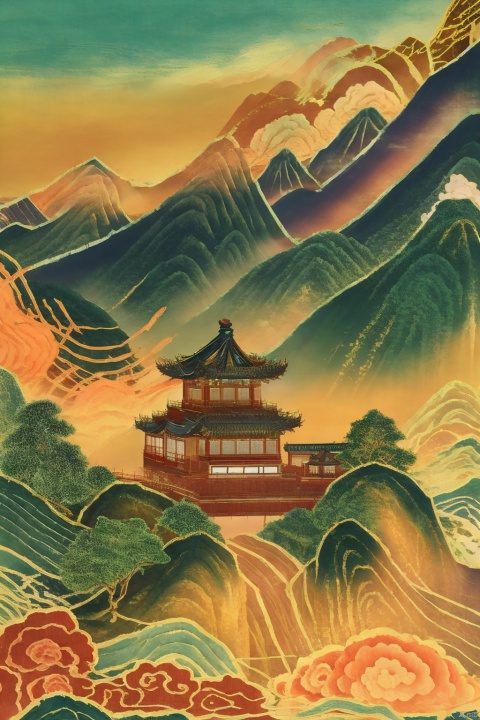 （8k, Best quality at best, high rise：1.1, Chinese ink painting, Looking from a distance, Majestic mountain peaks, A chain of mountains, Multi-colored clouds, Distant scenery, Trees, Botany, Chinese traditional architecture, Looking down from the top of the mountain, The sunset in the distance, Win many honors, Photographic works, Prospective composition