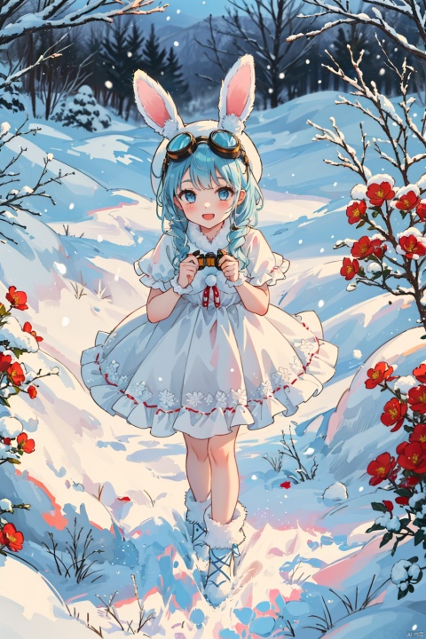  tutututu,On the snow-covered landscape, the girl wearing rabbit ear hat and goggles looks like a sprite of the snow. The red flowers on her white dress stand out vibrantly against the snowy white, leaving cheerful footprints on the ground, enjoying the joyful moments of winter.. rabbit ears