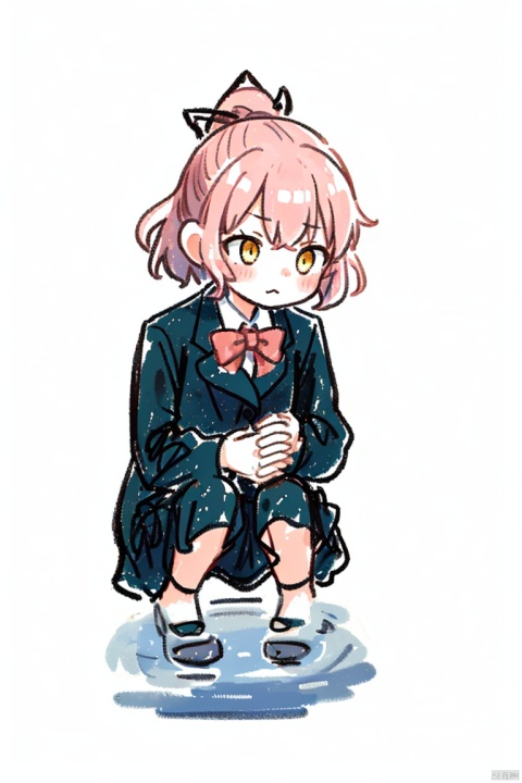  1girl, squatting, sitting, from below, close-up, head rest, hands on face, looking down, (loli：1.2), (petite:1.2), Pink hair, Yellow eyes, (red Jacket), high ponytail, white collared shirt, hair flower, fipped hair, floating hair, Frown, hands in pockets, black dress, red bowtie, (solo), Water stain, labi,, simple drawing