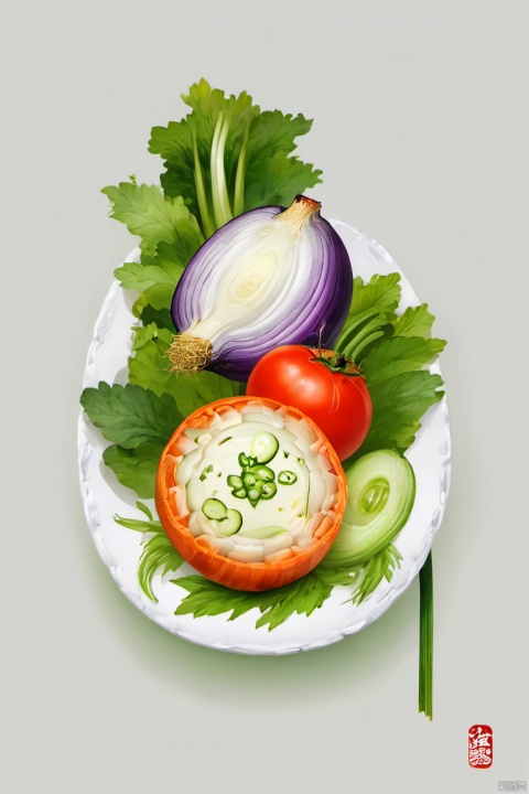 zhenkonji, cucumber, no humans, food, vegetable, tomato, still life, food focus, fruit, white background, carrot, spring onion, simple background, onion, leaf, plate