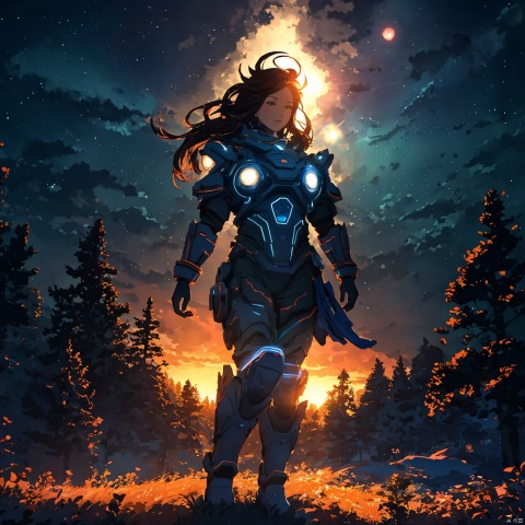 Dawn , intricate, technology suit, recognizing the land, into the forest,only light of the stars, wonderful sky, view from the low, deep background, cinematic light. dynamic light
