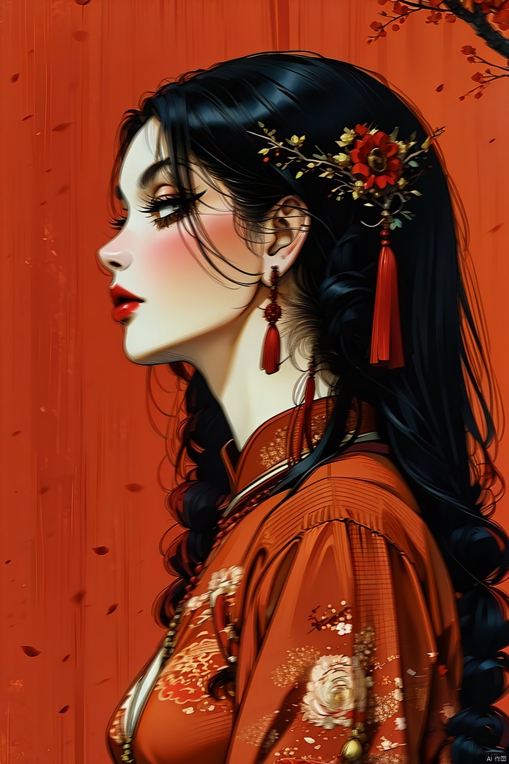  1girl, solo, long hair, black hair, hair ornament, jewelry, closed mouth, upper body, flower, earrings, blurry, from side, eyelashes, profile, makeup, red background, chinese clothes,  red flower, tassel, branch, red lips, tassel earrings, guoflinke