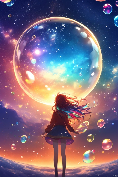 (masterpiece),(best quality),(ultra-detailed),(illustration),1girl,mixed-blood girl,,stars in the eyes, messy floating hair, colored inner hair, Starry sky adorns hair, (lots of big colorful Bubble), (pearl), (Galaxy), depth of field,full body, wide shott, panorama, mid shot ,(central composition, Centered Composition and Symmetry), 1girl, fanxing, cozy animation scenes, hell