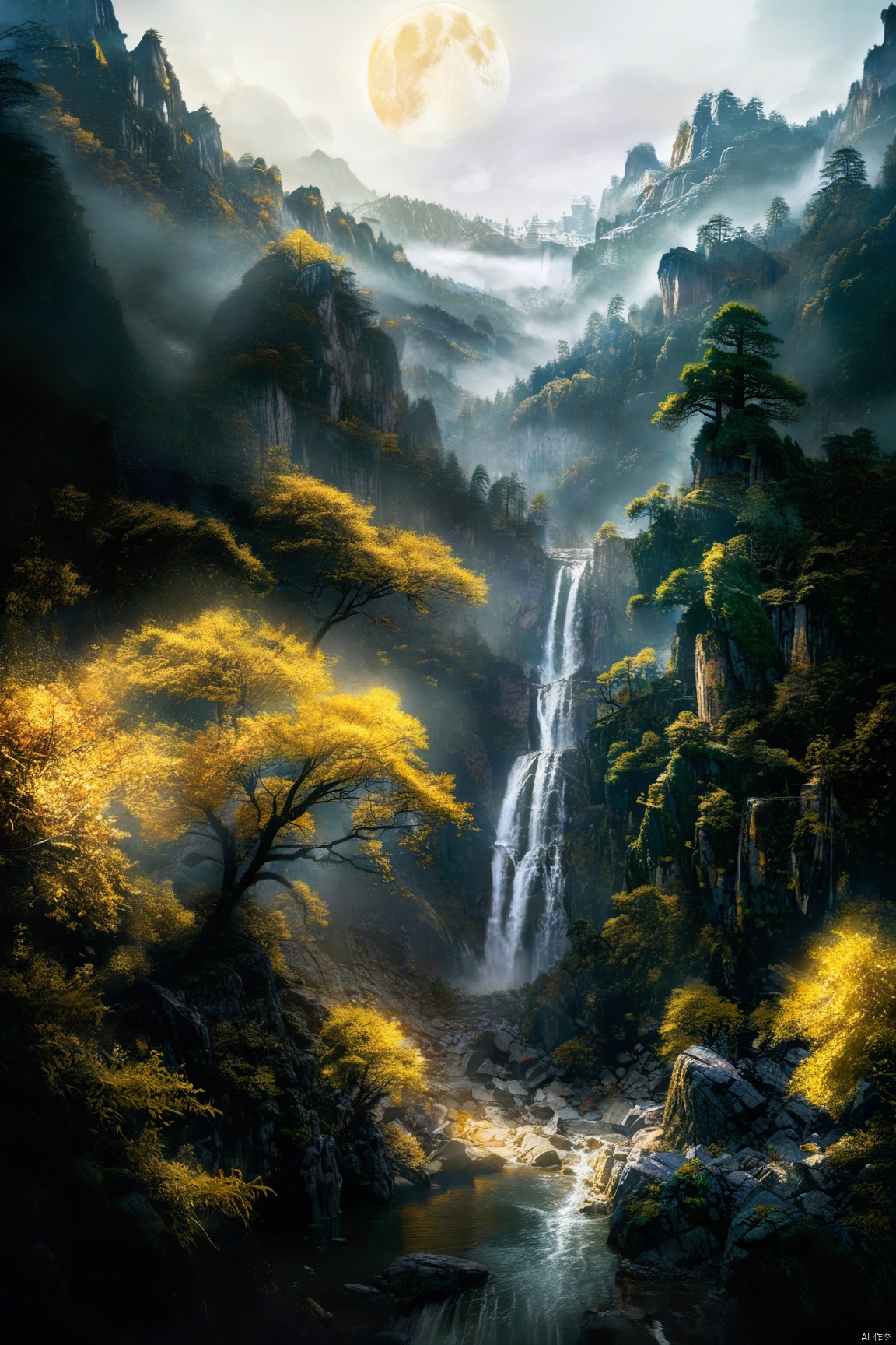 Majestic New Chinese art style masterpiece: 'Golden Moon on Lushan Mountain'. A breathtaking 8K scene unfolds as layers of mountains converge, with a majestic waterfall cascading down the central peak. The golden moon hangs suspended in mid-air, radiating a warm glow amidst the misty veil. Cinematic lighting effects cast long shadows, emphasizing the textures of ancient trees and rugged rock formations. Every detail is meticulously rendered, from the intricate foliage to the subtle play of light on the water's surface, creating a stunning 8KUCG wallpaper that demands attention., mhuanshan