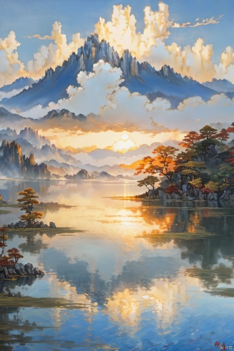  Masterpiece, ultra-high definition image quality, a female, sunset glow, lake, blue sky, white clouds,山水如画,乡村