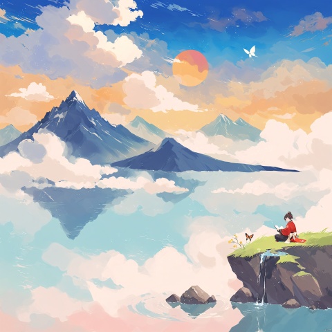 Alone., Mountain, Cloud, water, Butterfly