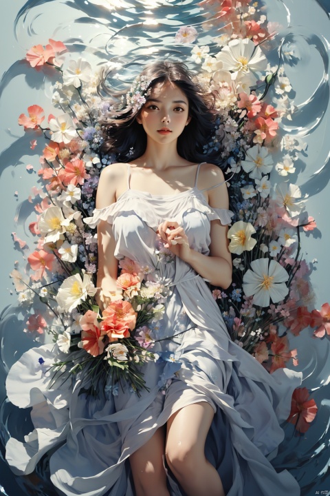 a dreamy and beautiful scene,flower dress,blue seawater,sea level,(there are many flowers on the clothes:1.3),frontlight,ambient_light,light_rays,(clarityblue:1.3),sexy,large chest,the girl is lying on the water surface,(a lot of flowers:1.3),ripples,ripple,dark blue,float,bubble,HDR,UHD,8K,best quality,masterpiece,realistic,highres,masterpiece,