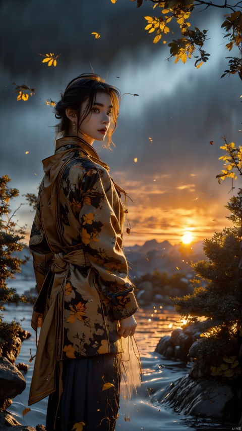 (Masterpiece, ultra detailed, hyper quality, best result) man wearing old time journey coat, standing in front of rocky woods on flying islands at sunset, waterfall on the foreground, leafs falling ,High detailed