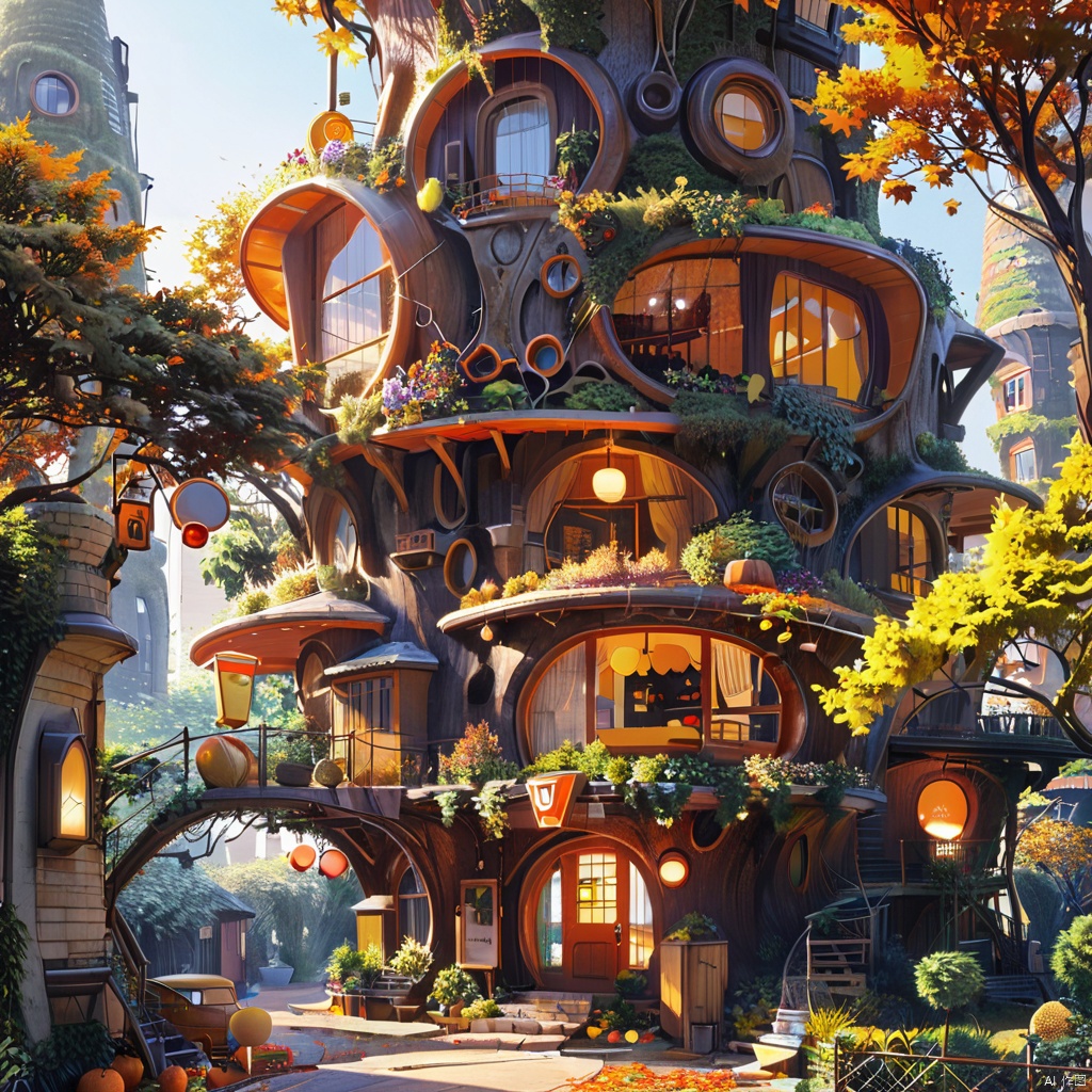 architecture,autumn,autumn leaves,building,campfire,cooking,door,fire,flame,flower,food,grass,ground vehicle,house,lamppost,lantern,leaf,maple leaf,nature,no humans,orange (fruit)),orange flower,outdoors,pavement,plant,potted plant,scenery,sign,tree,tree stump,window, shuwu